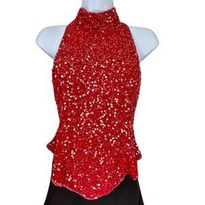 Adrianna Papell Vintage Red Sequins Beaded Sleeveless Mock Neck Top M